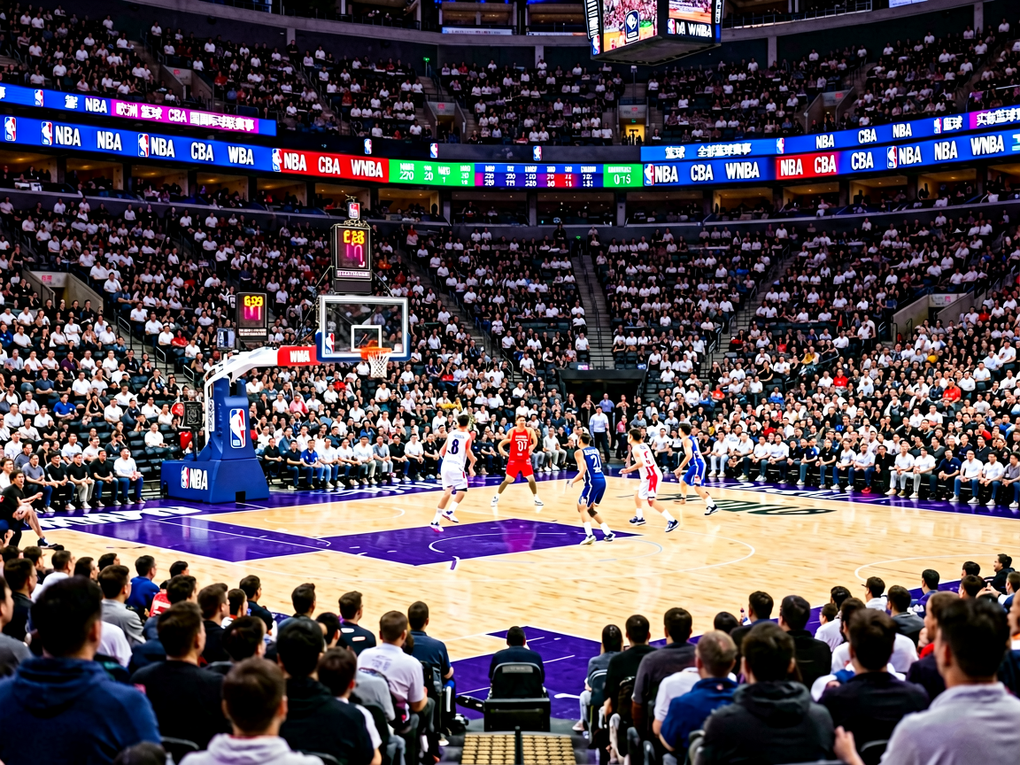 NBA篮球赛场全景，观众席座无虚席见证激烈比赛